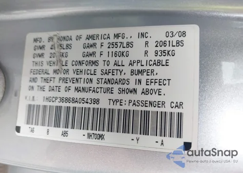 2008 Honda Accord 3.5 Ex-L z USA, uszkodzony, nr VIN 1HGCP36868A054398